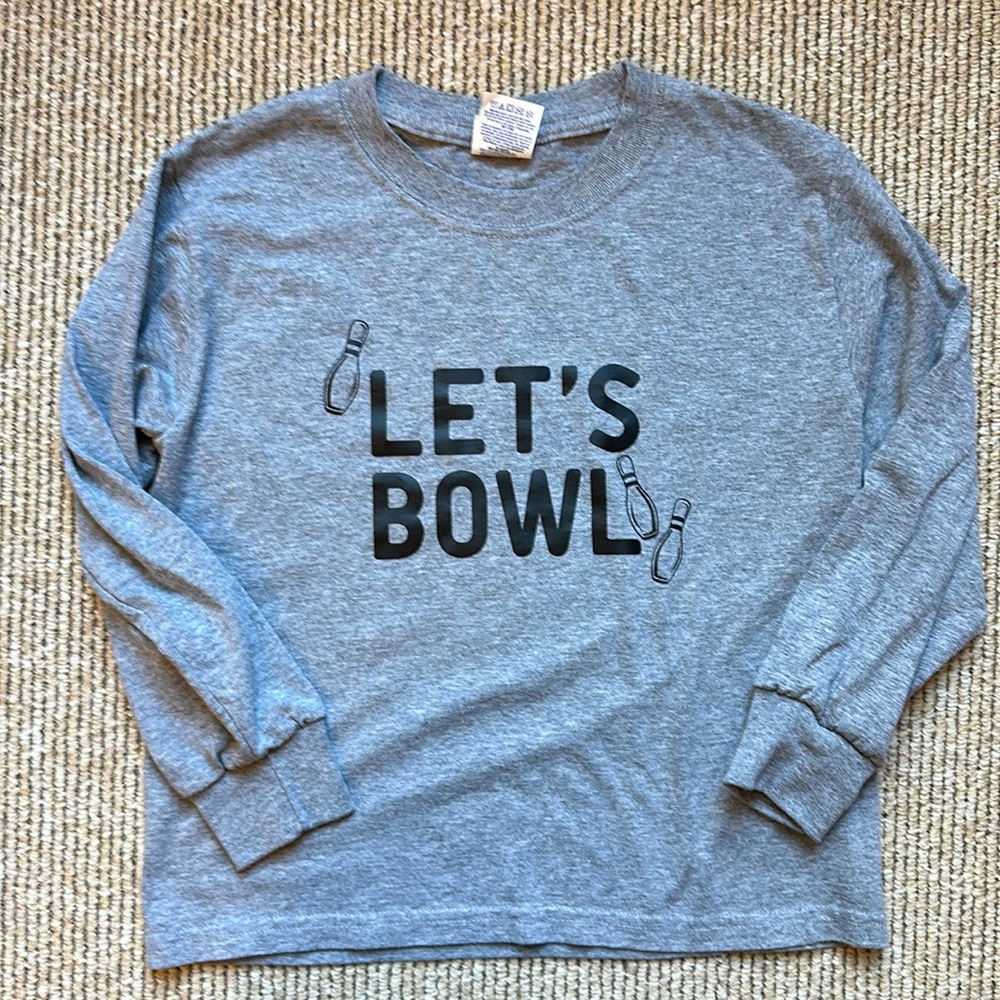 Jerzees Boys size small Let's Bowl Bowling long sleeve grey tee shirt